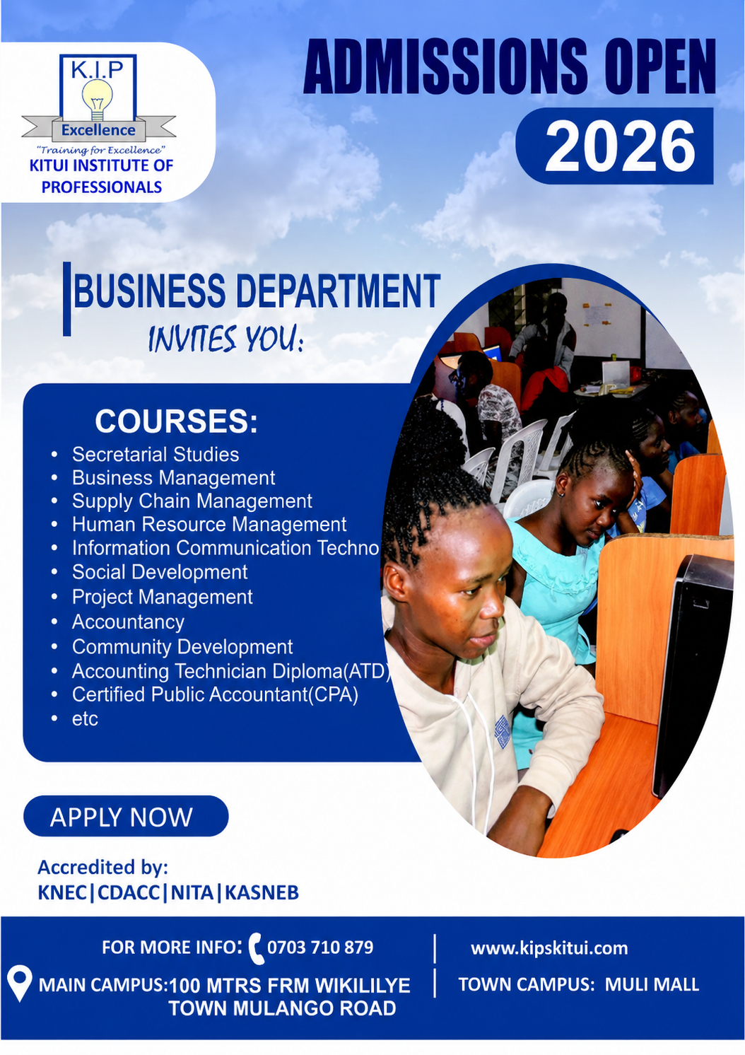 Business Department admissions poster for KIP College